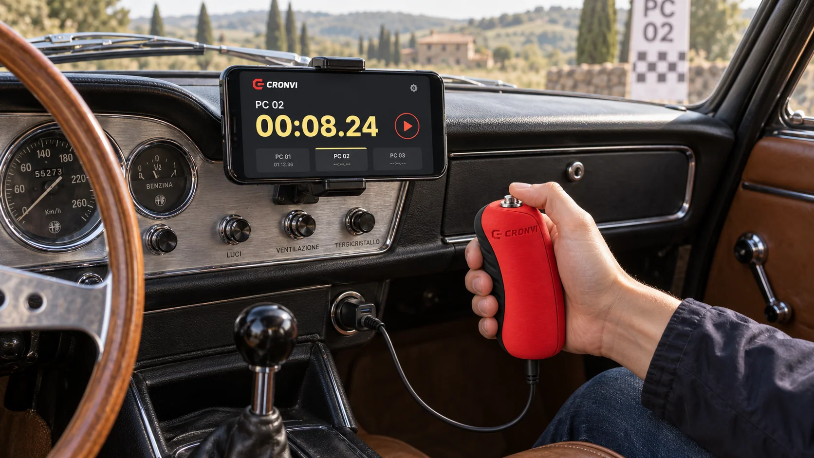 Tableau de bord d’un coupé ancien : application CRONVI sur un téléphone en mode paysage et bouton rouge tenu en main, avec un câble relié à la prise allume-cigare