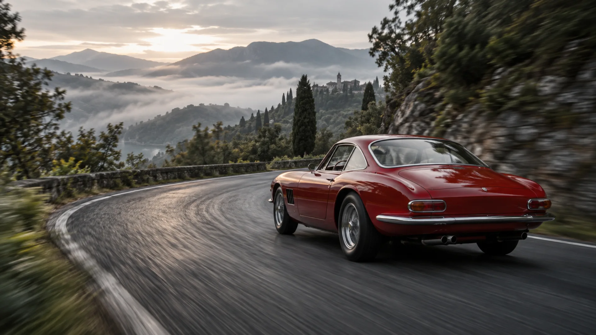 Un coupé ancien rouge négocie une épingle dans les collines italiennes